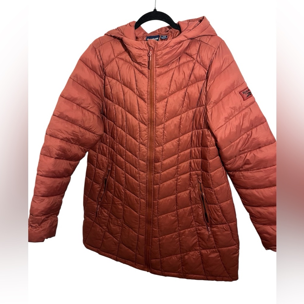 Reebok Mid Thigh Women's Hooded Quilted Puffer Jacket - Rust Orange